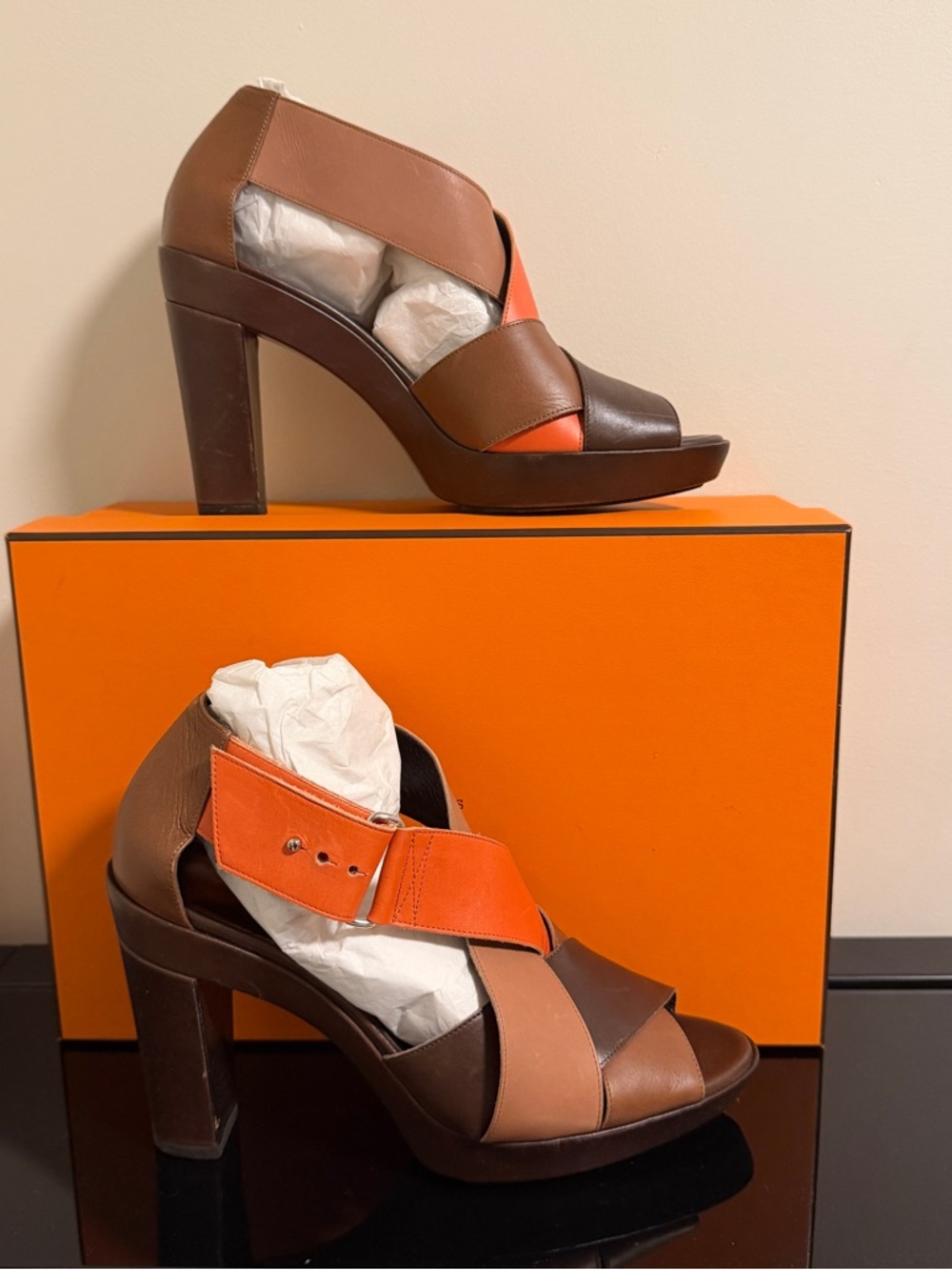 Hermes Tricolor Leather Platform Sandals in Orange, Tan & Brown - Picture 2 of 7